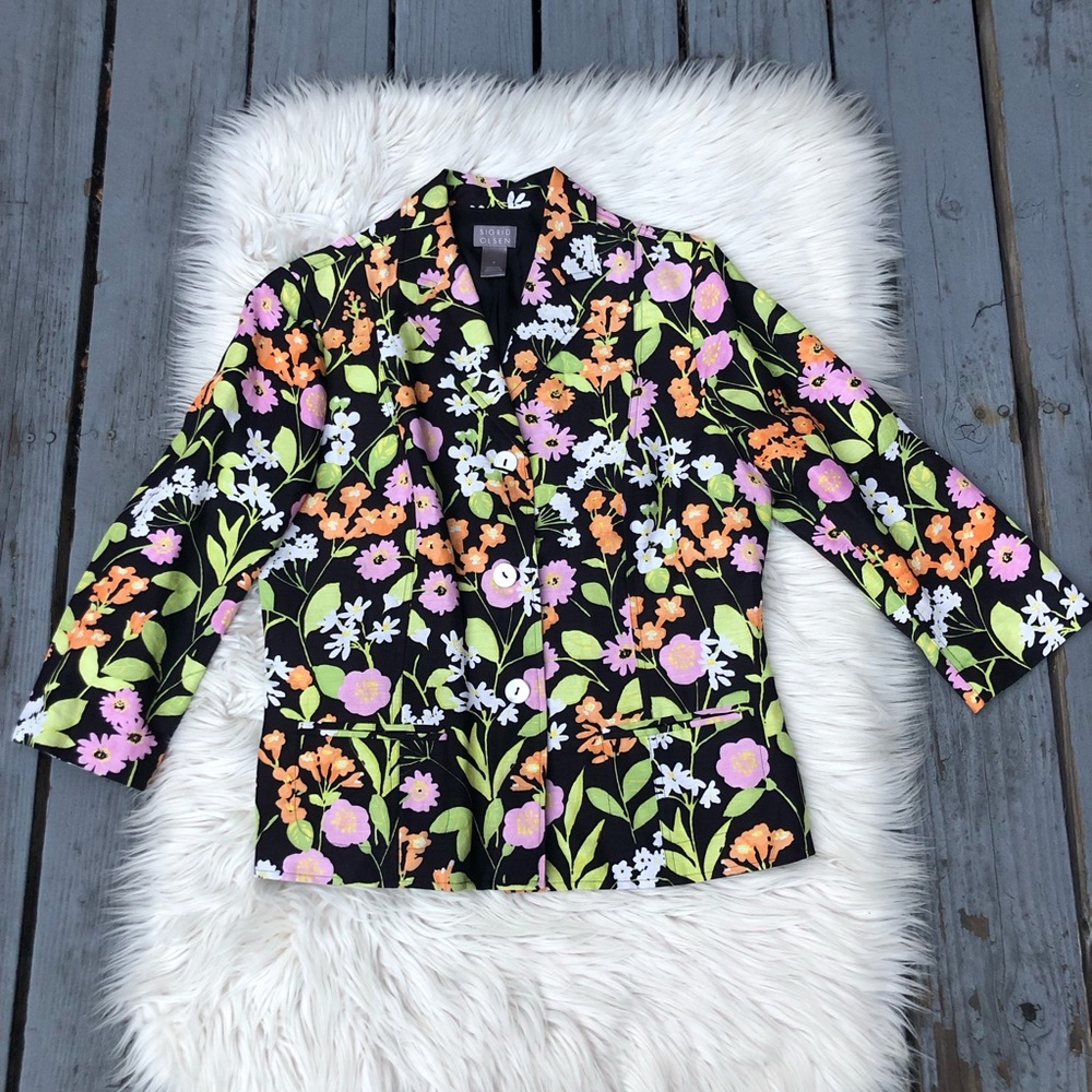 Sigrid Olsen Linen Blend 3/4 Sleeves Mother of Pearl Buttons Floral Jacket 8